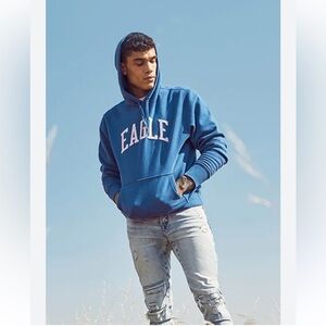 American Eagle Outfitters Blue Graphic Logo Pullover Hoodie Size XS Y2K Style
